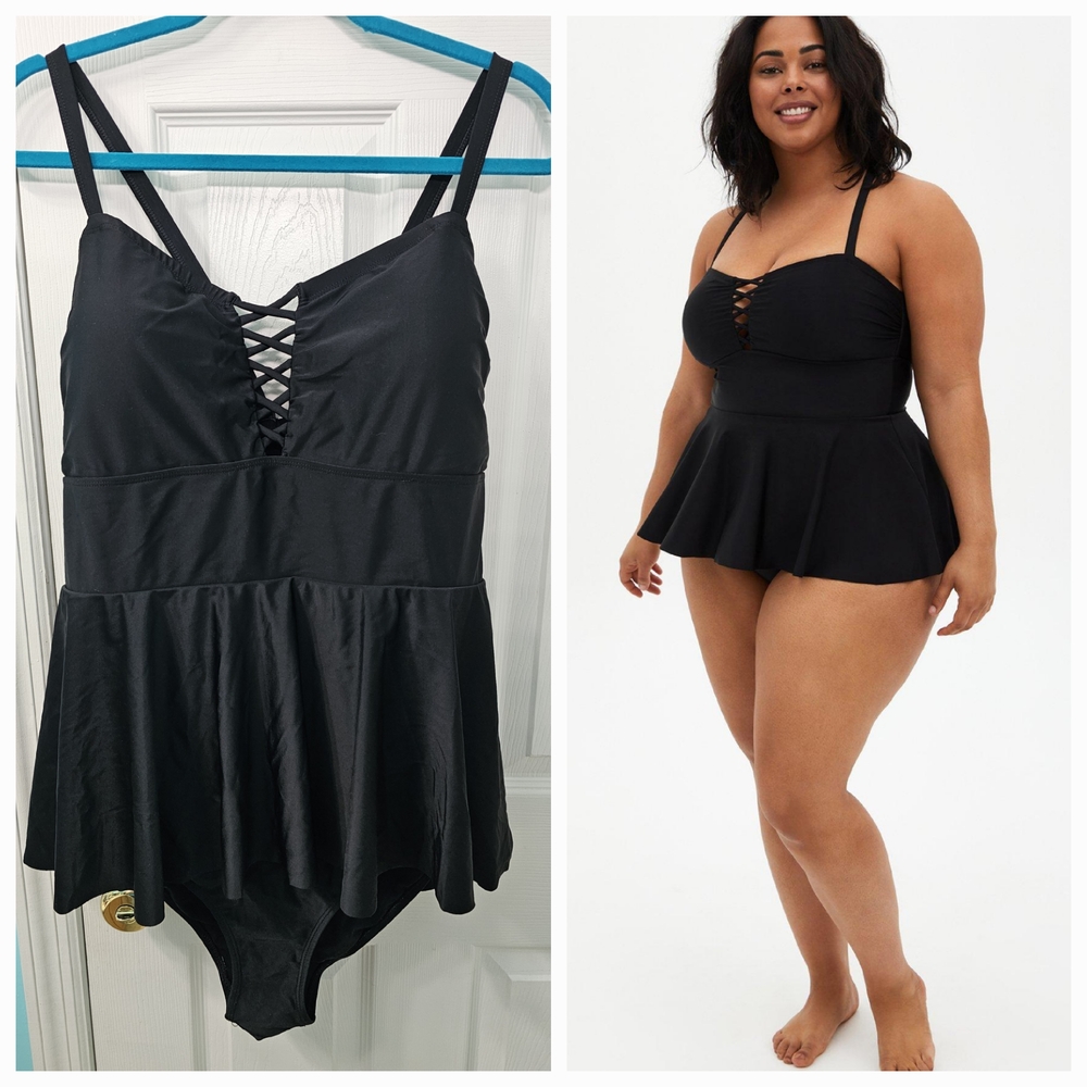 Torrid 3 Black Lattice Peplum One Piece Swimsuit
